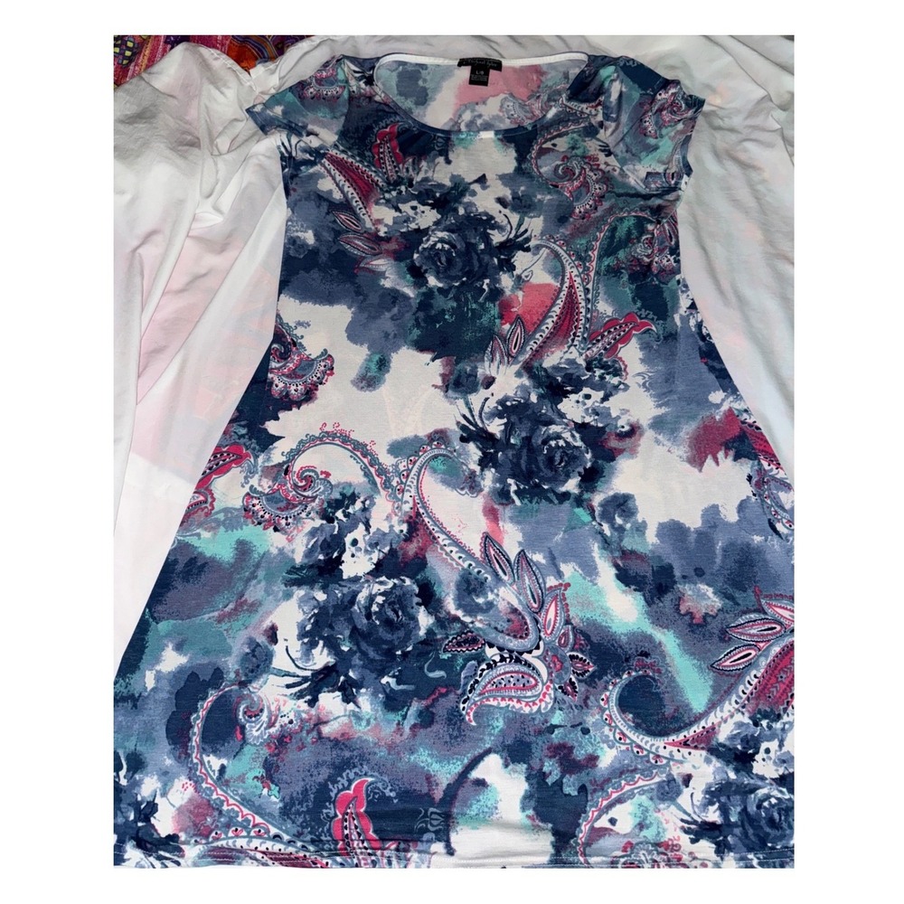 Michael Tyler Womens Blue Pink Paisley Floral Print Short Sleeve Shift Dress L